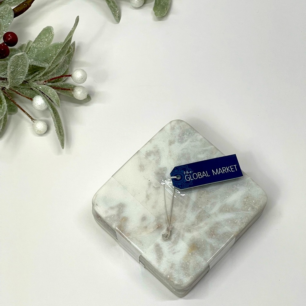 White Marble Coaster Set of 4 Square Natural Gray Cocktail Wine Drink Coasters